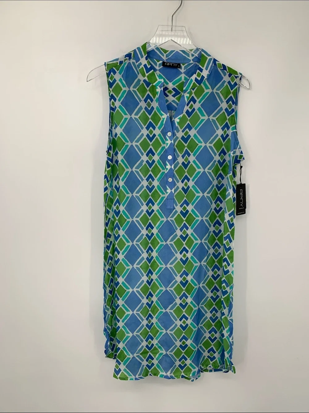 APNY sleeveless shift dress blue green geometric button henley diamond new Large